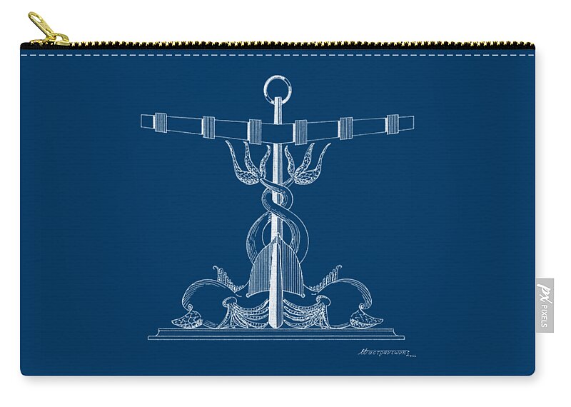 Sailing Vessels Zip Pouch featuring the drawing Anchor with dolphins - blueprint by Panagiotis Mastrantonis