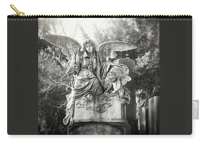 Cemetery Zip Pouch featuring the photograph Angel and Cherub Zentralfriedhof Vienna Black and White Square by Carol Japp