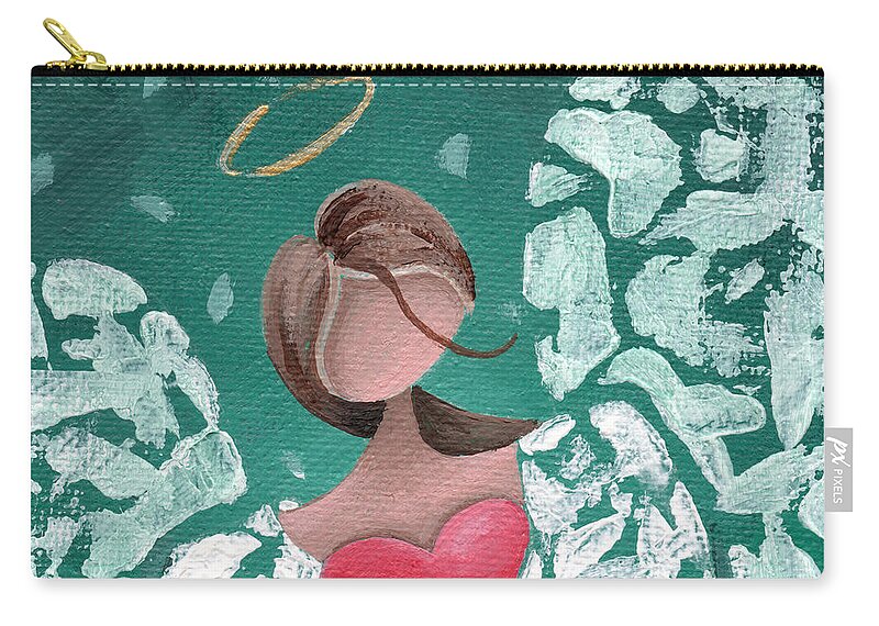 Angel Zip Pouch featuring the painting Angel Hearted - Teal Square by Annie Troe