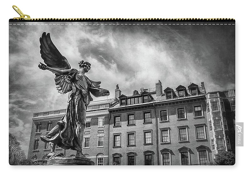 Boston Zip Pouch featuring the photograph Angel of Boston Black and White by Carol Japp