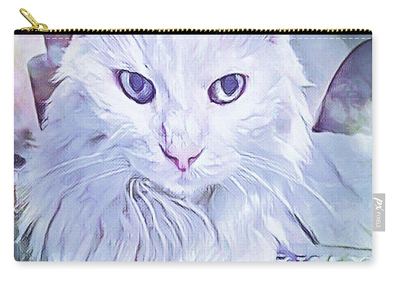 Cat; Kitten; White; White Cat; Green; Long-haired Cat; Angora; Cat Eyes; Kitten Eyes; Macro; Close-up; Photography; Portrait; Watercolor; Dreamy; Zip Pouch featuring the photograph Angora Eyes by Tina Uihlein