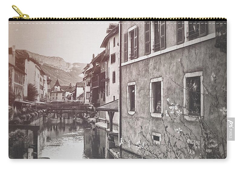 Annecy Zip Pouch featuring the photograph Annecy France European Canal Scenes Vintage Style by Carol Japp