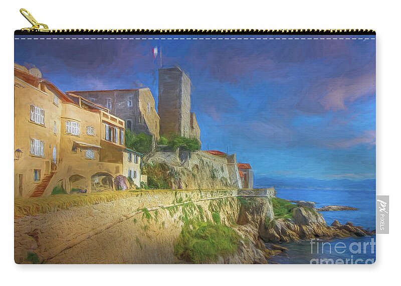 Cote D'azur Zip Pouch featuring the photograph Antibes Sea Wall, France 2, Painterly by Liesl Walsh