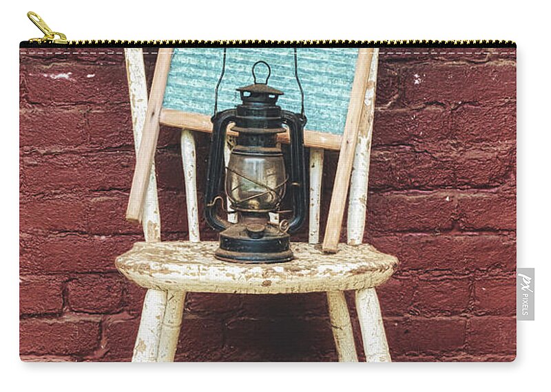 Old Zip Pouch featuring the photograph Antique Washboard And Lantern On Weathered Wooden Chair by Gary Slawsky