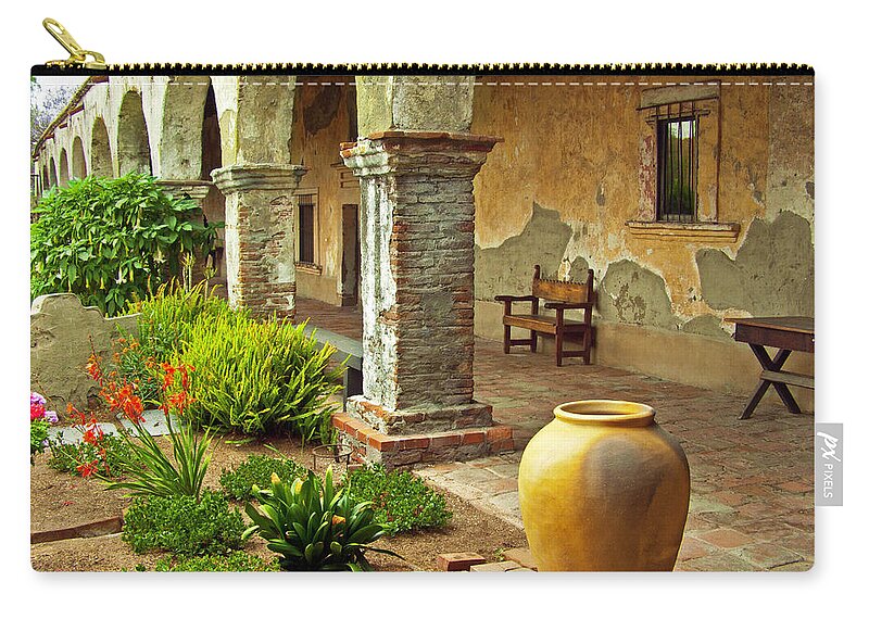 Mission San Juan Capistrano Zip Pouch featuring the photograph Archways at Mission San Juan Capistrano, California by Denise Strahm