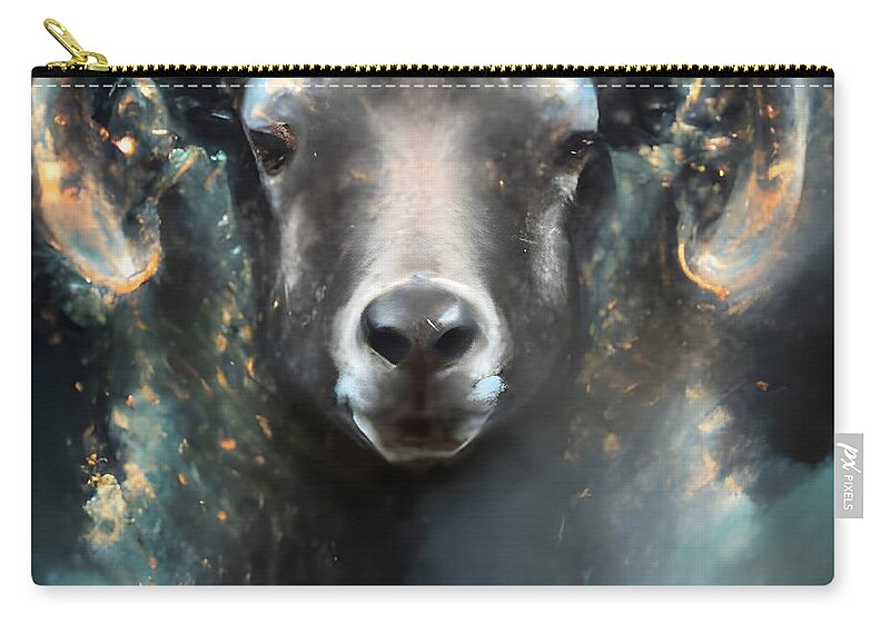 Digital Aries Zodiac Ram Horns Zip Pouch featuring the digital art Aries And Stars by Beverly Read