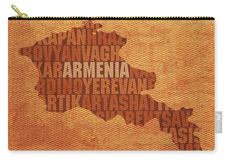 Armenia Zip Pouch featuring the mixed media Armenia Country Word Map Typography On Distressed Canvas by Design Turnpike