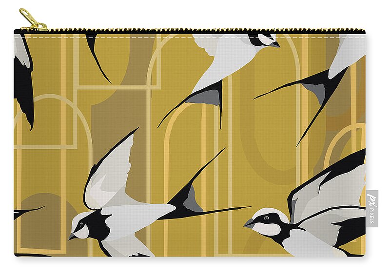 Seamless Repeat Carry-all Pouch featuring the digital art Art Deco Swallows on Gold by Sand And Chi