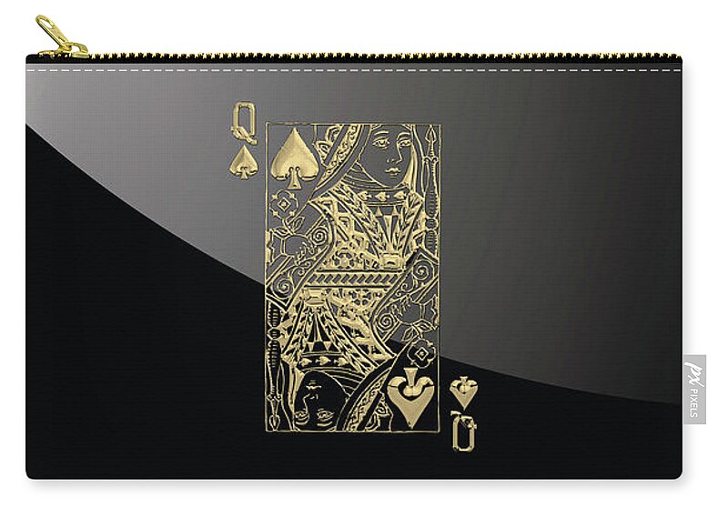 'gamble' Collection By Serge Averbukh Zip Pouch featuring the digital art Queen of Spades in Gold on Black  by Serge Averbukh