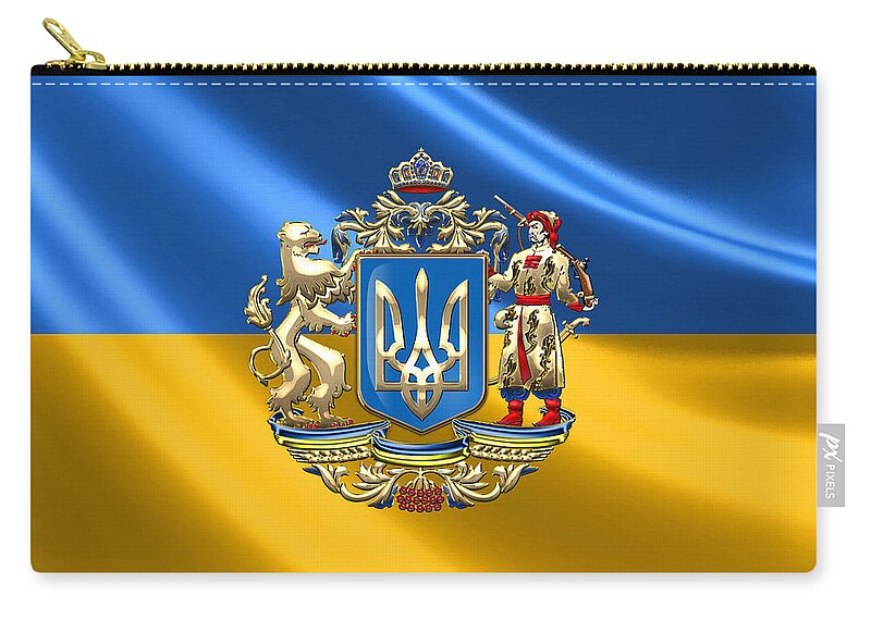 World Heraldry Collection By Serge Averbukh Zip Pouch featuring the digital art Ukraine - Proposed Greater Coat of Arms over Ukrainian Flag by Serge Averbukh