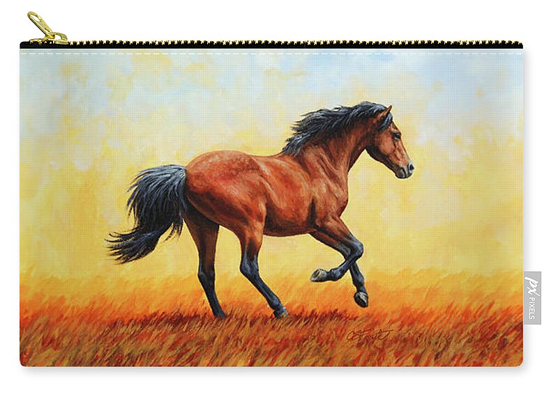 Horse Zip Pouch featuring the painting Running Horse - Evening Fire by Crista Forest