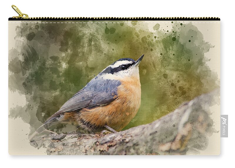 Nuthatch Zip Pouch featuring the mixed media Nuthatch Watercolor Art by Christina Rollo