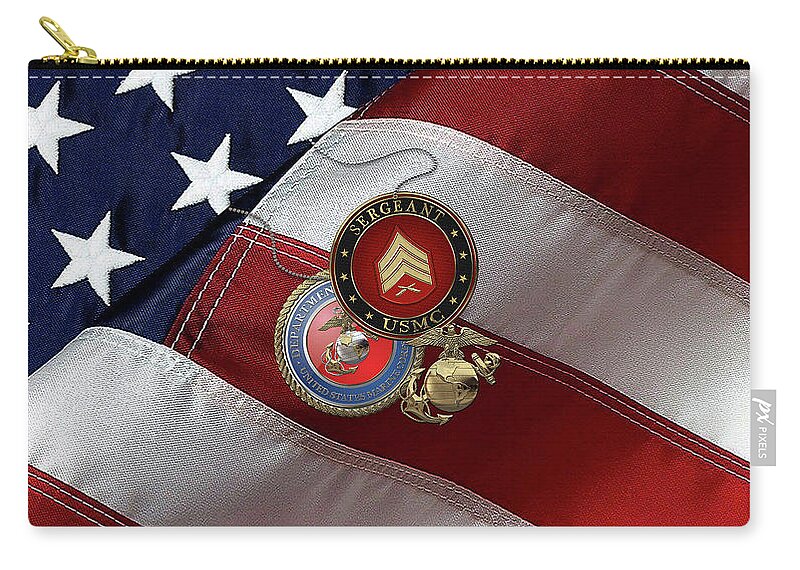 Military Insignia & Heraldry Collection By Serge Averbukh Carry-all Pouch featuring the digital art U.S. Marine Sergeant - USMC Sgt Rank Insignia with Seal and EGA over American Flag by Serge Averbukh