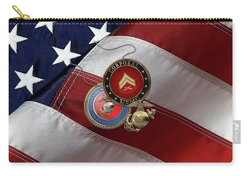 Military Insignia & Heraldry Collection By Serge Averbukh Carry-all Pouch featuring the digital art U.S. Marine Corporal Rank Insignia with Seal and EGA over American Flag by Serge Averbukh