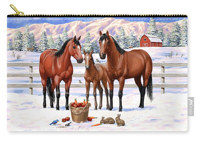 Horses Zip Pouch featuring the painting Bay Quarter Horses In Snow by Crista Forest