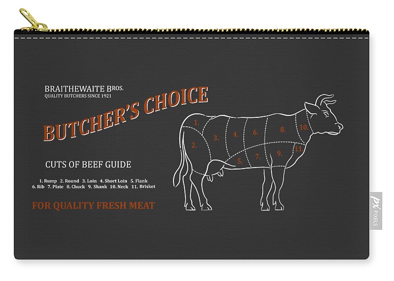 Kitchen Art Zip Pouch featuring the photograph Butchery Guide Cuts Of Beef by Mark Rogan