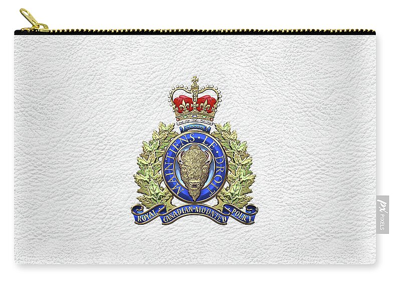 'insignia & Heraldry' Collection By Serge Averbukh Carry-all Pouch featuring the digital art Royal Canadian Mounted Police - R C M P Badge over White Leather by Serge Averbukh