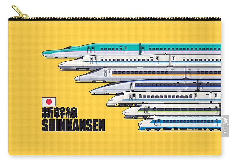 Train Zip Pouch featuring the digital art Shinkansen Bullet Train Evolution - Yellow by Organic Synthesis