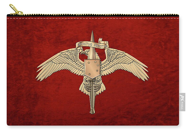 Military Insignia & Heraldry Collection By Serge Averbukh Carry-all Pouch featuring the digital art Marine Special Operator Insignia - USMC Raider Dagger Badge over Red Velvet by Serge Averbukh