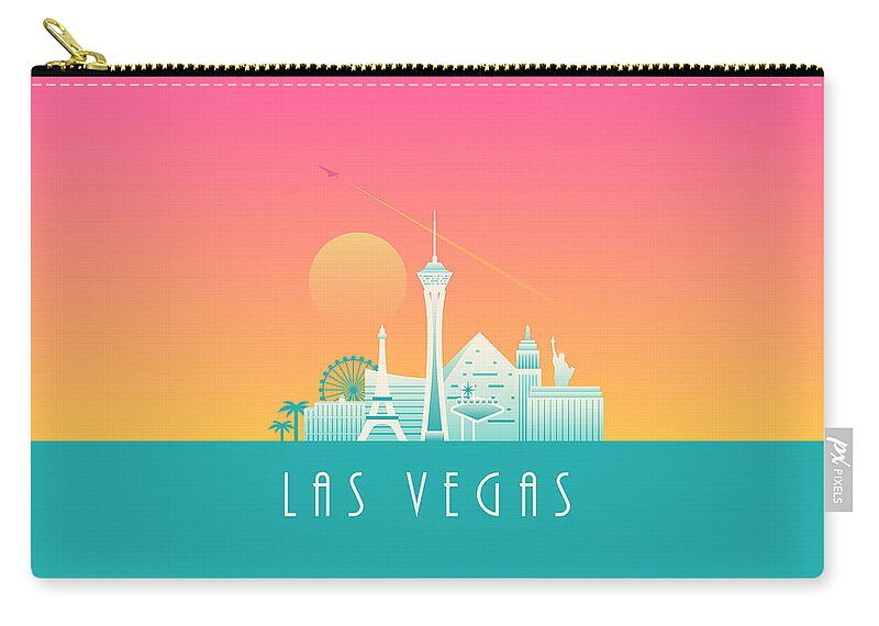 Las Vegas Carry-all Pouch featuring the digital art Las Vegas City Skyline Retro Art Deco - Morning by Organic Synthesis