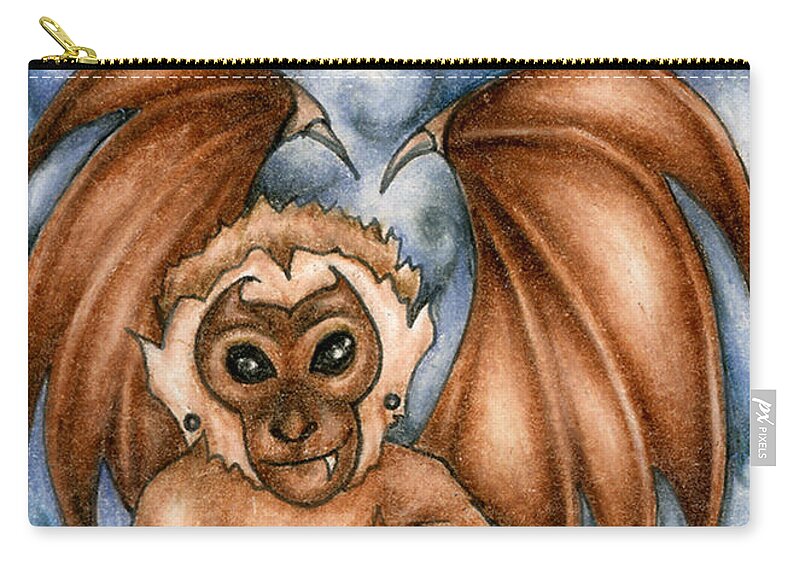 Flying Monkey Art Zip Pouch featuring the drawing Flying Monkey Drawing by Kristin Aquariann