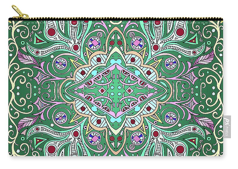 Yellow Swirls Zip Pouch featuring the mixed media Green Ornate Symmetrical Design with Diamond by Lise Winne
