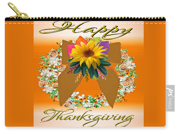 Happy Zip Pouch featuring the digital art Floral Wreath Happy Thanksgiving Card by Delynn Addams