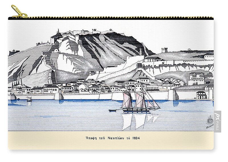 Historic Vessels Zip Pouch featuring the drawing The seaport town of Nafplio in 1834 by Panagiotis Mastrantonis
