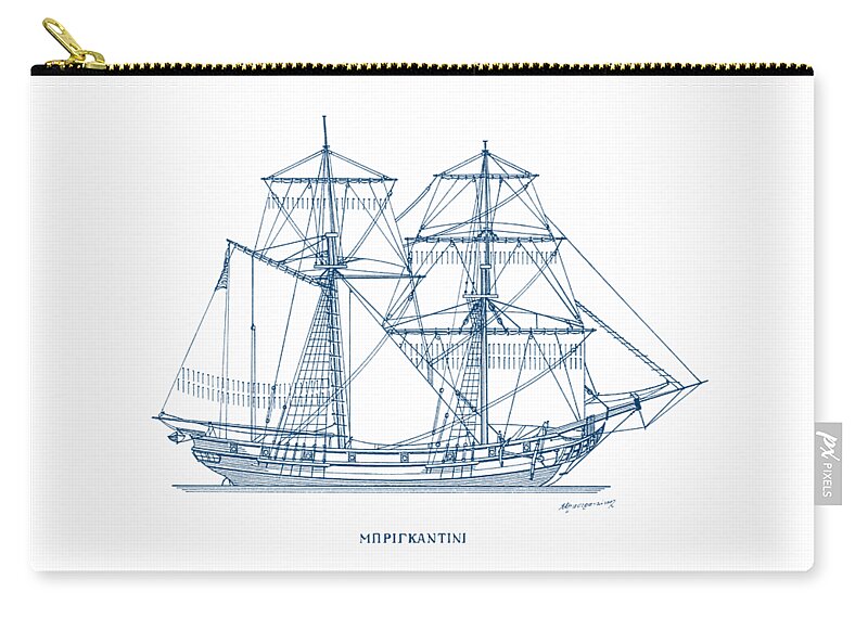Sailing Vessels Zip Pouch featuring the drawing Brigantine - Mediterranean sailing ship by Panagiotis Mastrantonis