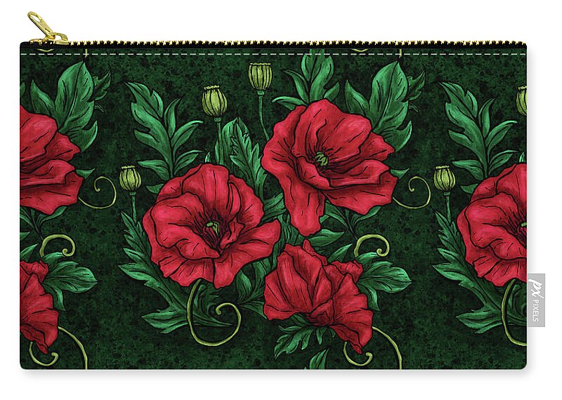 Poppy Zip Pouch featuring the painting Poppies on dark green background pattern, Red and green poppies by Nadia CHEVREL