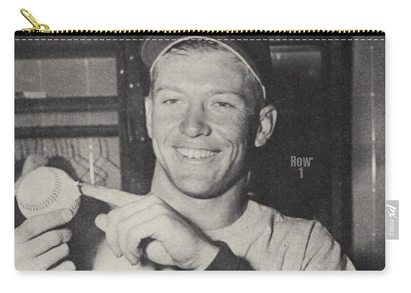Mickey Mantle Zip Pouch featuring the mixed media 1953 Mickey Mantle Home Run Photo by Row One Brand