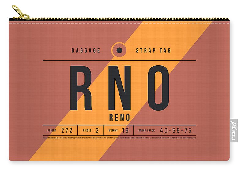 Airline Zip Pouch featuring the digital art Luggage Tag E - RNO Reno Nevada USA by Organic Synthesis