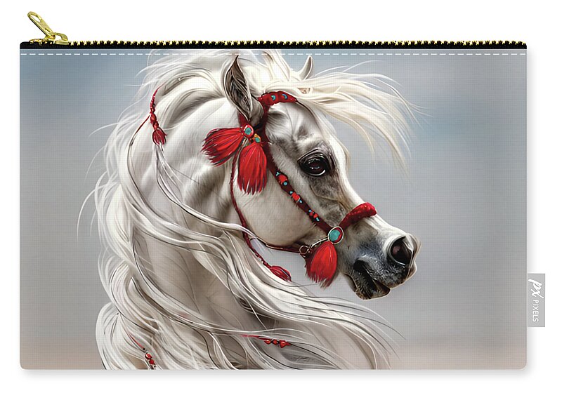Equestrian Art Zip Pouch featuring the digital art Arabian with Red Tassels by Stacey Mayer by Stacey Mayer