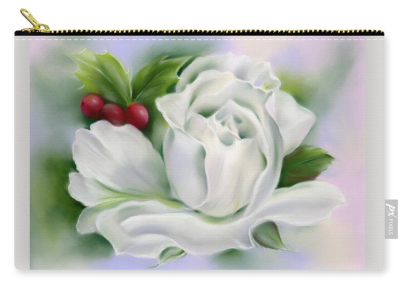 Botanical Zip Pouch featuring the painting White Rose and Winter Holly by MM Anderson