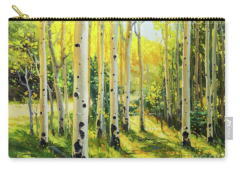 Aspen Vista Santa Fe Nm Aspen Trees Mood Carry-all Pouch featuring the painting Aspen Vista in Santa Fe New Mexico by Gary Kim