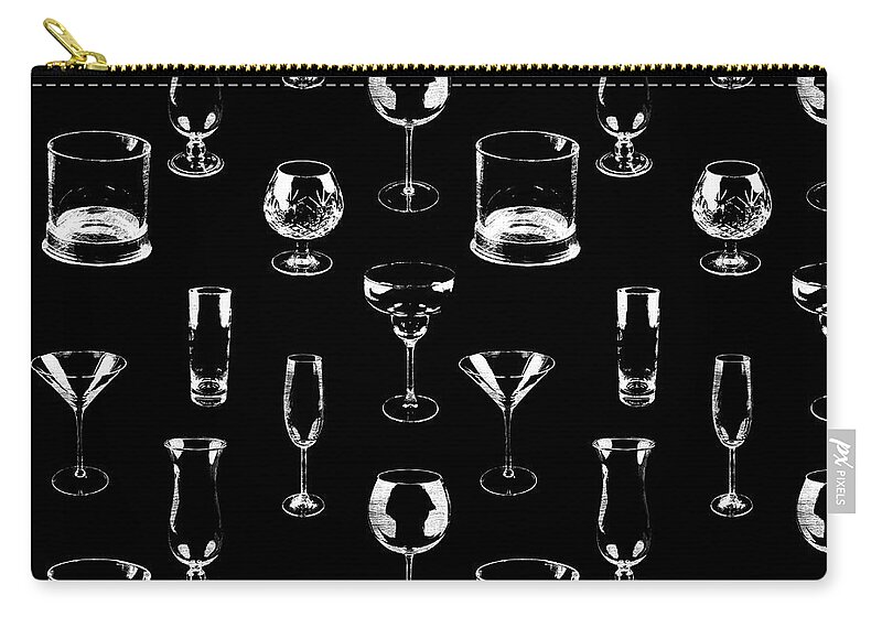 Seamless Zip Pouch featuring the photograph Assorted Glassware repeating patterns white on black by Karen Foley