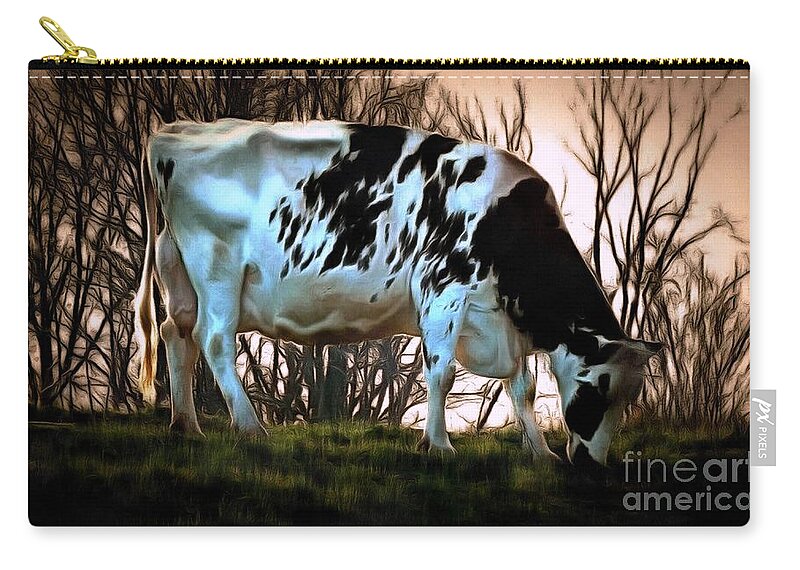 Cow Zip Pouch featuring the photograph At the End of the Day - Black and White Cow by Janine Riley