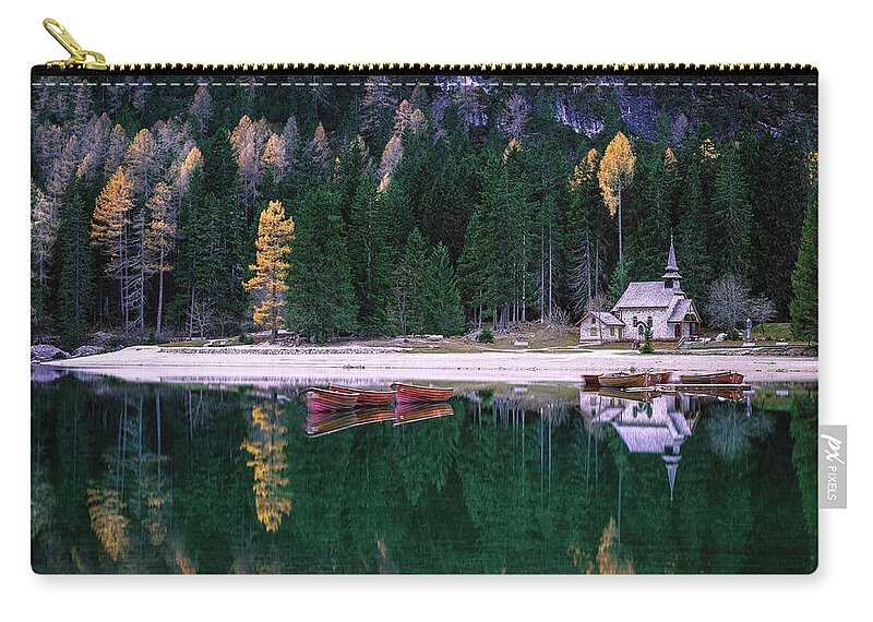 Lago Di Braies Zip Pouch featuring the photograph At the lake of Braies by Elias Pentikis