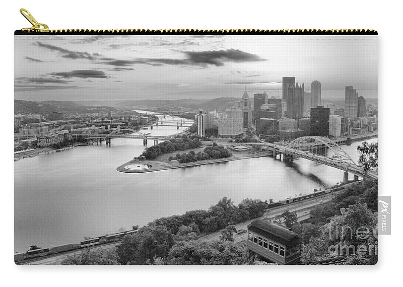 Pittsburgh Zip Pouch featuring the photograph August Duquesne Incline Sunrise Panorama Black And White by Adam Jewell