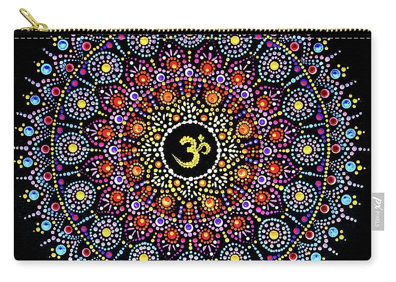 Dot Mandala Zip Pouch featuring the painting Aum Golden Mandala by Laura Iverson