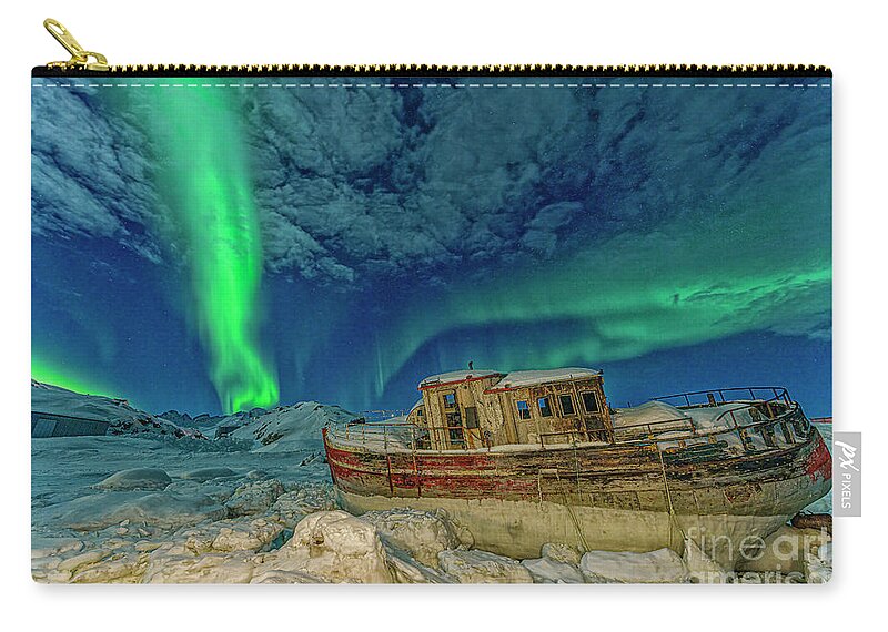 00648338 Carry-all Pouch featuring the photograph Aurora Borealis and Boat by Shane P White