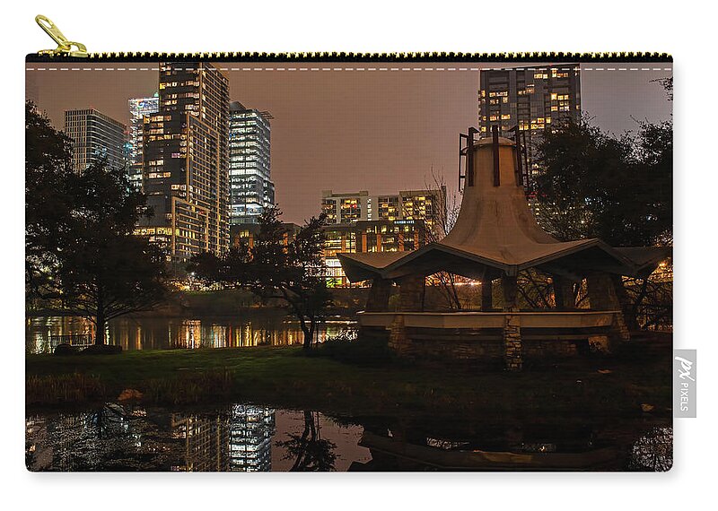 Austin Zip Pouch featuring the photograph Austin Skyline Reflection Colorado River Austin TX Texas Pagoda by Toby McGuire