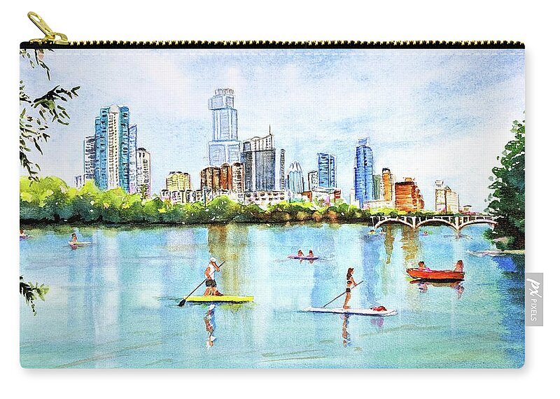 Austin Zip Pouch featuring the painting Austin Texas Skyline from Lou Neff Point by Carlin Blahnik CarlinArtWatercolor