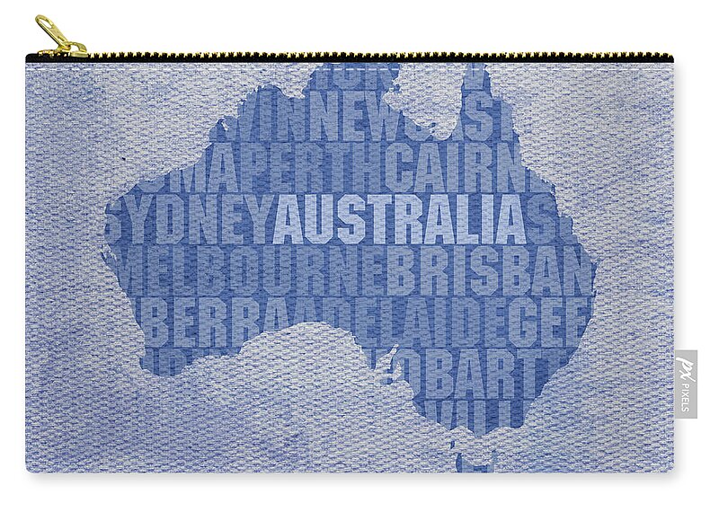 Australia Zip Pouch featuring the mixed media Australia Country Word Map Typography on Distressed Canvas by Design Turnpike