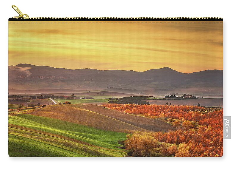Autumn Zip Pouch featuring the photograph Autumn in Tuscany, rolling hills and woods. Santa Luce by Stefano Orazzini