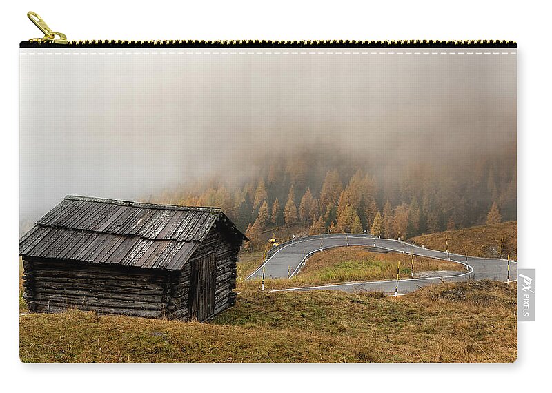 Passo Gardena Zip Pouch featuring the photograph Autumn landscape with wooden chalet dolomiti Italian Apls by Michalakis Ppalis