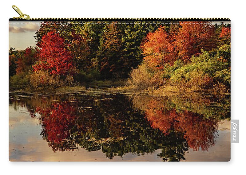 Reflections Zip Pouch featuring the photograph Autumn pond mirror reflections in NH by Lilia S