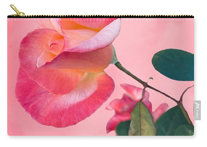 Rose Flower Pink White Green Leaves Background Watercolor Zip Pouch featuring the digital art Awesome Baby Pink Rose by Kathleen Boyles