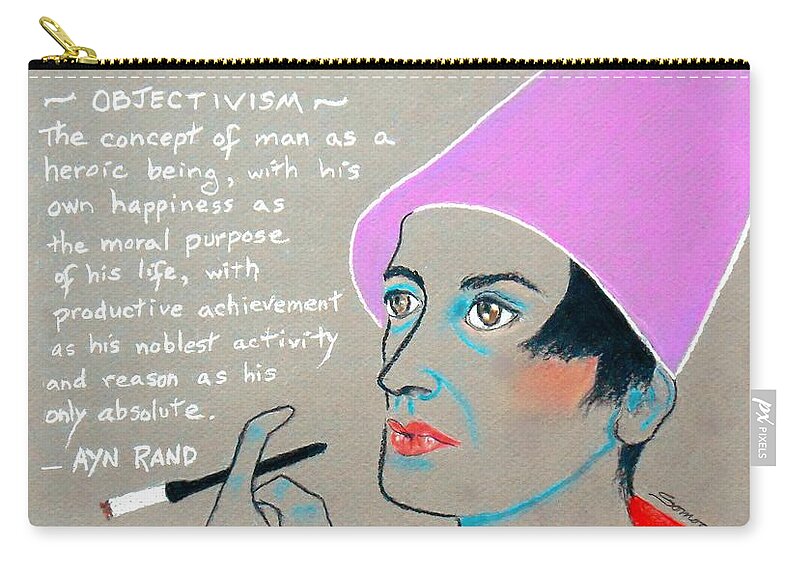 Ayn Rand Zip Pouch featuring the drawing Ayn Rand by Jayne Somogy