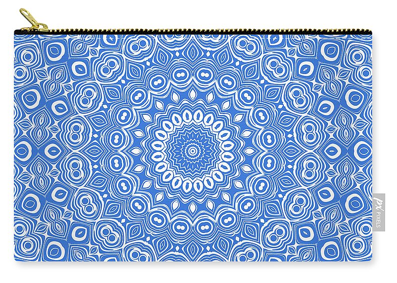 Azure Zip Pouch featuring the digital art Azure Blue on White Mandala Kaleidoscope Medallion by Mercury McCutcheon